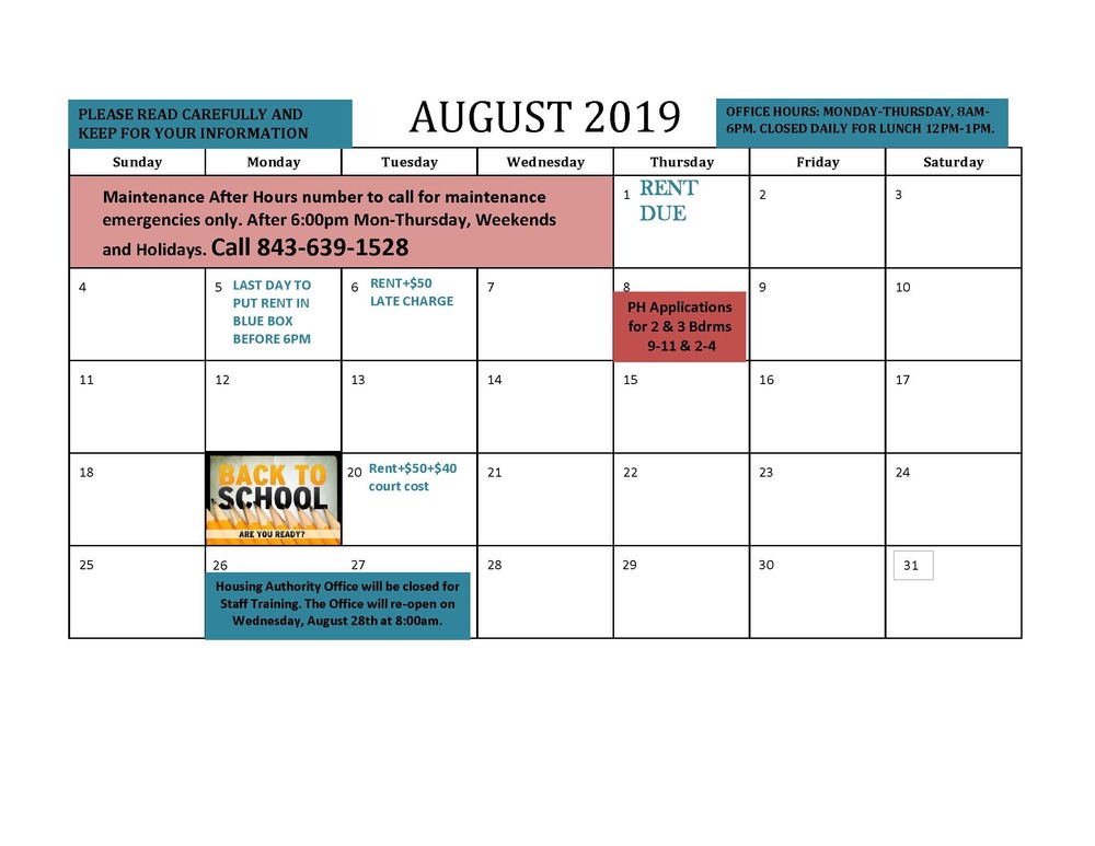 Aug 2019 RESIDENT CALENDAR