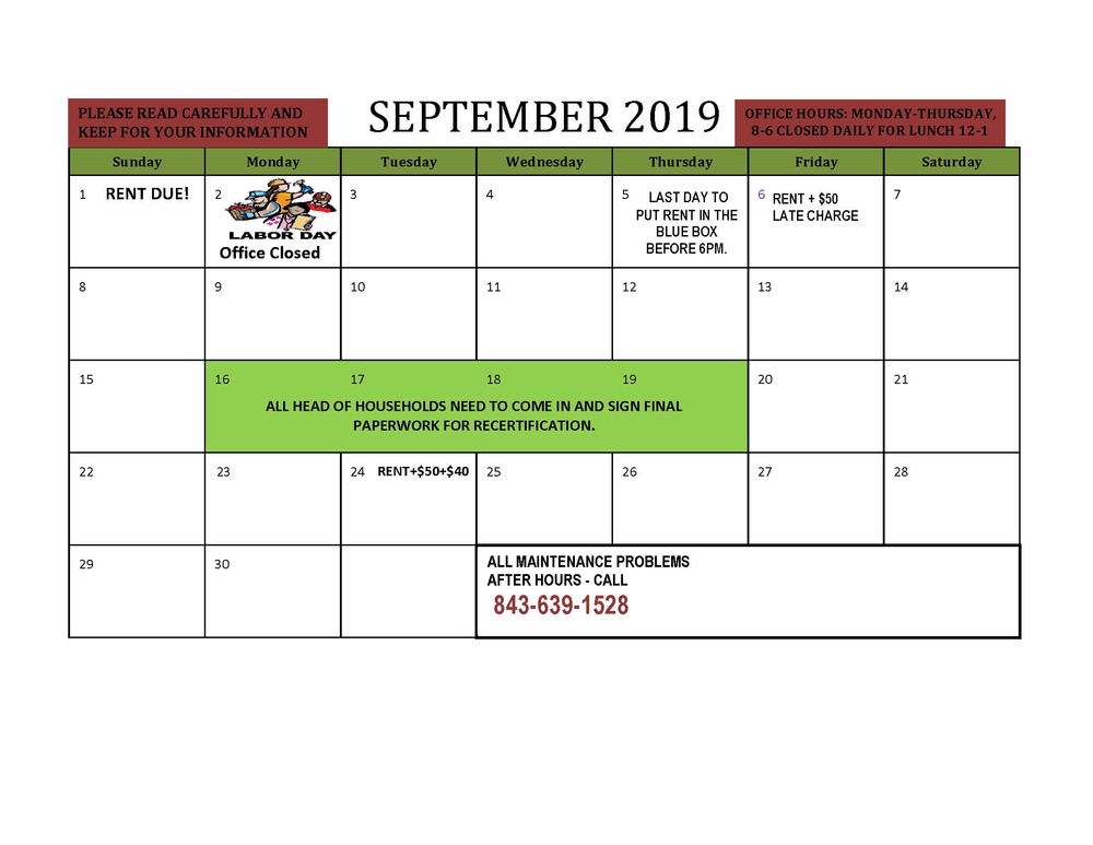 Sept 2019 RESIDENT CALENDAR