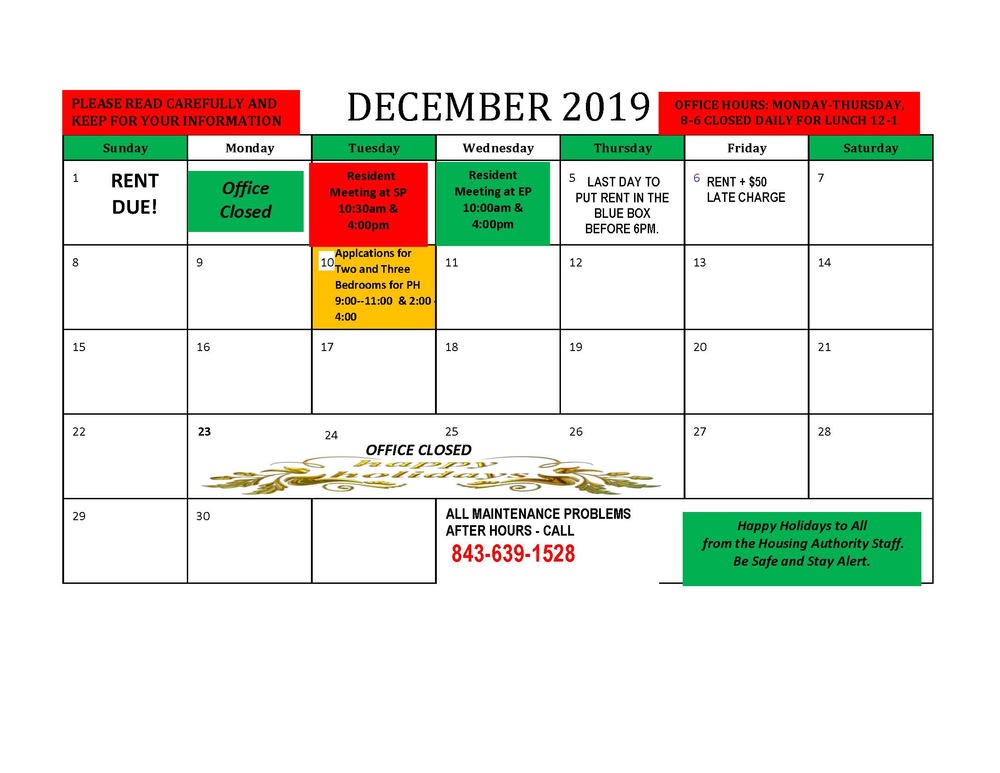 December 2019 Resident Calendar