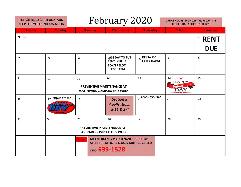 2020 RESIDENT CALENDAR - Feb