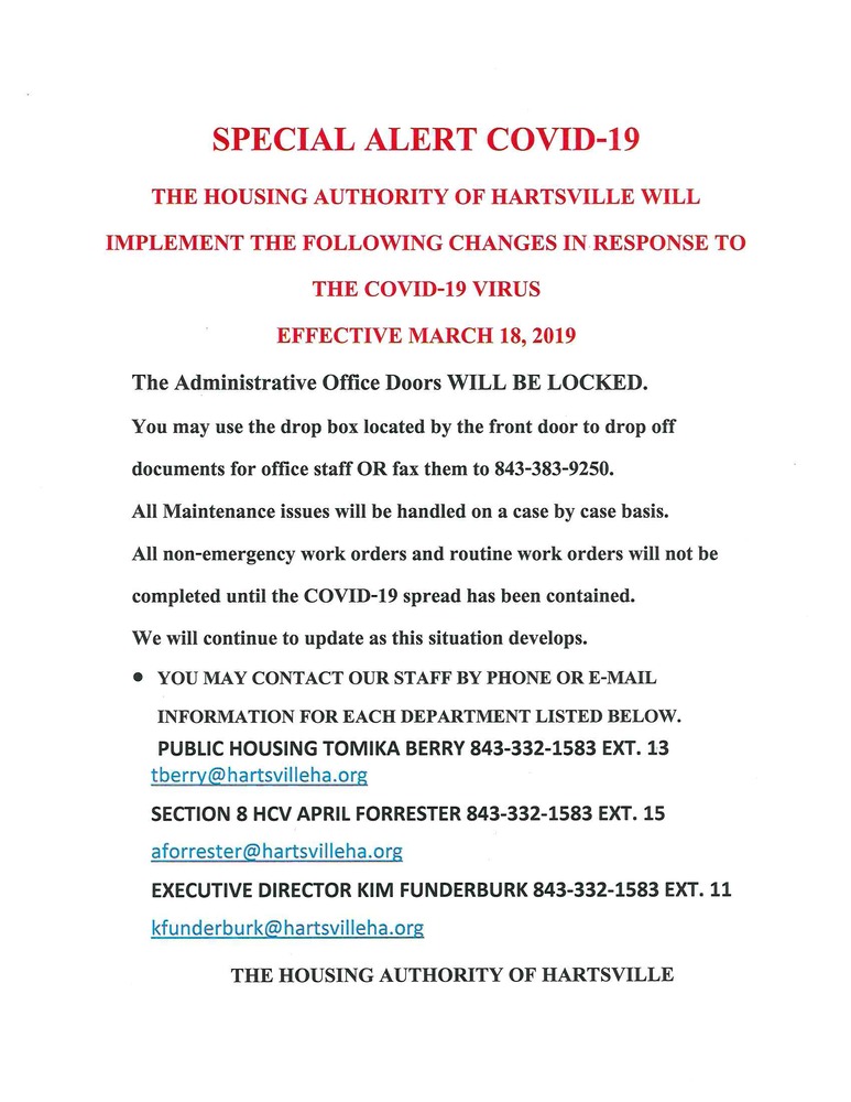 Special Alert COVID-19, Offices Closed flyer - all information listed below