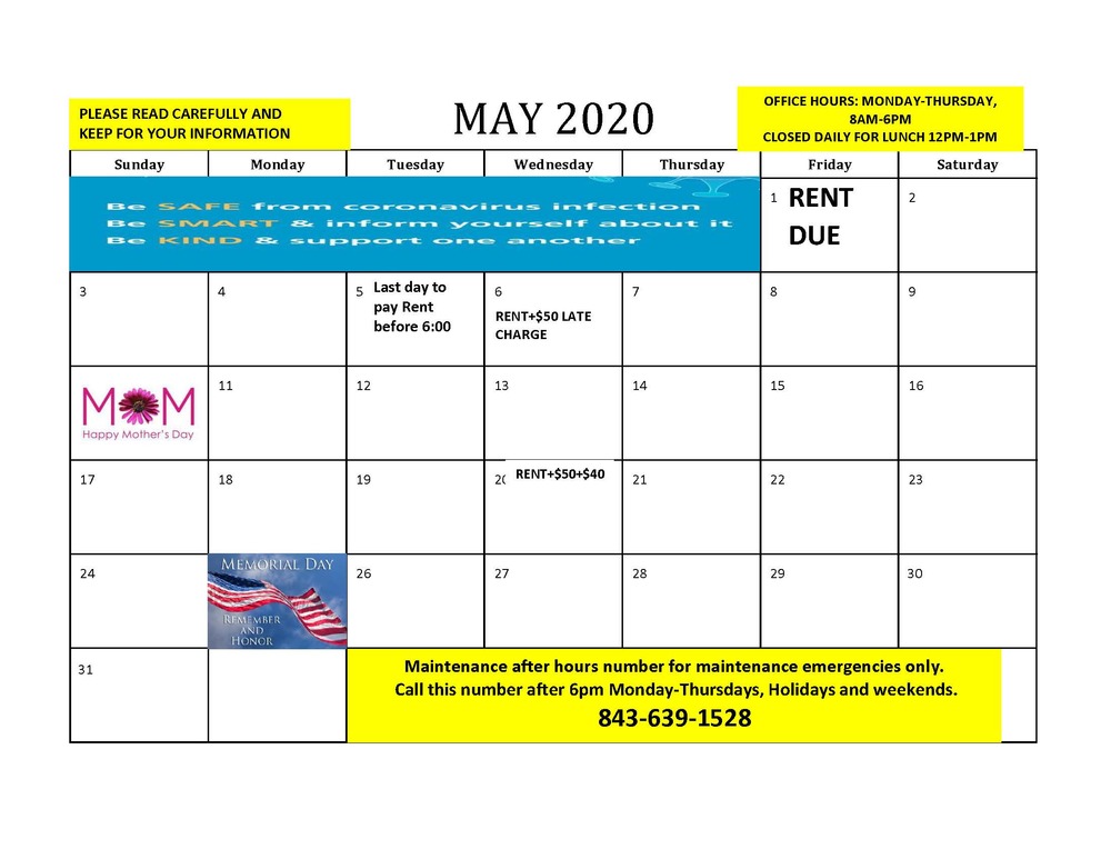 May 2020 RESIDENT CALENDAR - information listed on page as text