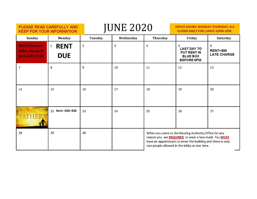 June 2020 RESIDENT CALENDAR - all info below