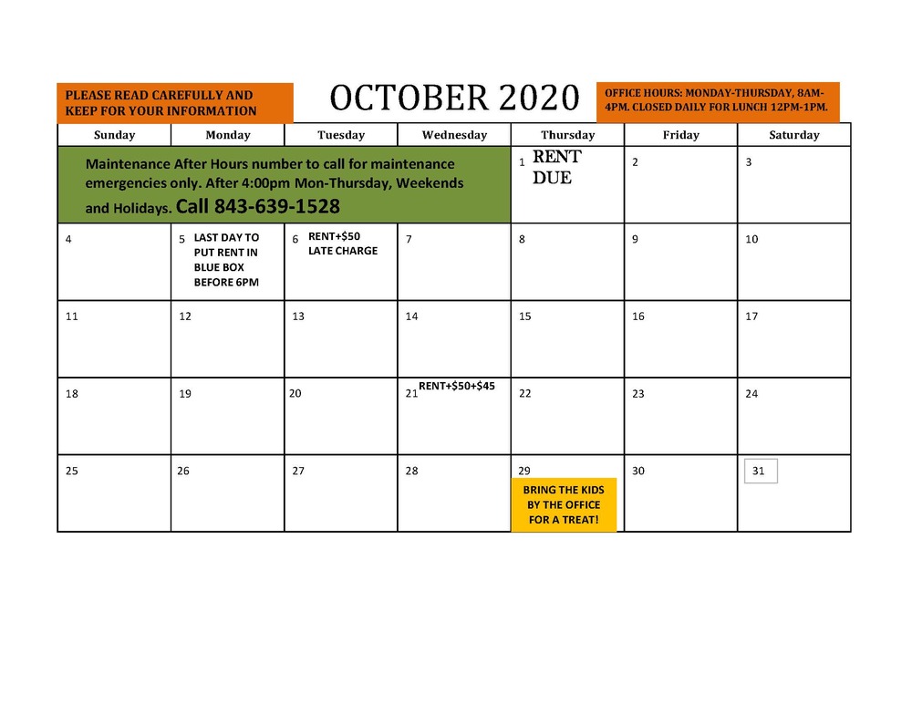October 2020 RESIDENT CALENDAR - all info listed above