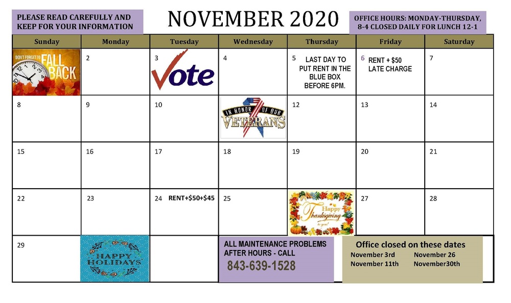 November 2020 RESIDENT CALENDAR - all info listed above