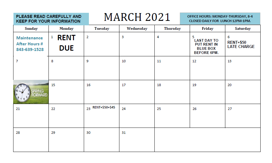 March 2021 Calendar 