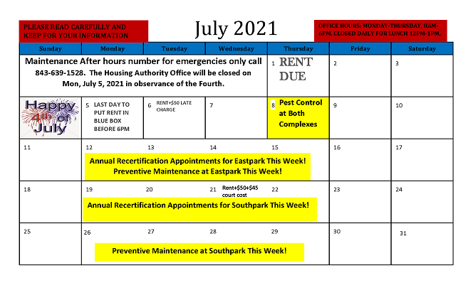 July 2021 RESIDENT CALENDAR