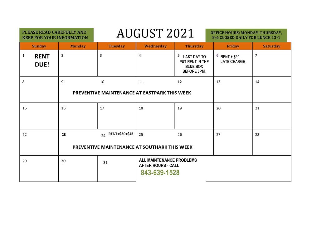 August 2021 HAHASC RESIDENT CALENDAR