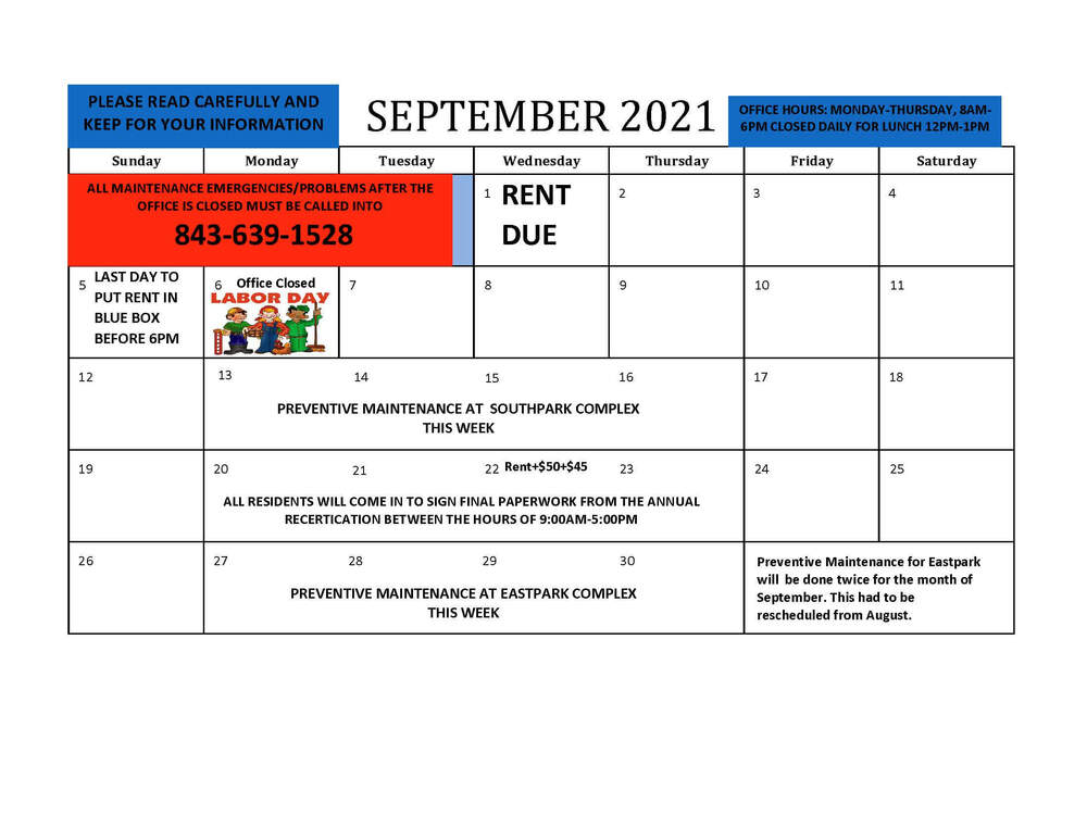  September HAHASC Resident Calendar
