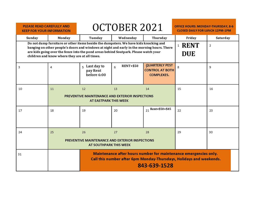 October Resident Calendar 2021