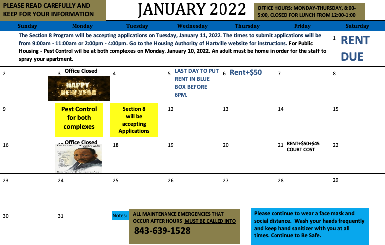 January 2022 Resident Calendar, all information as listed below.