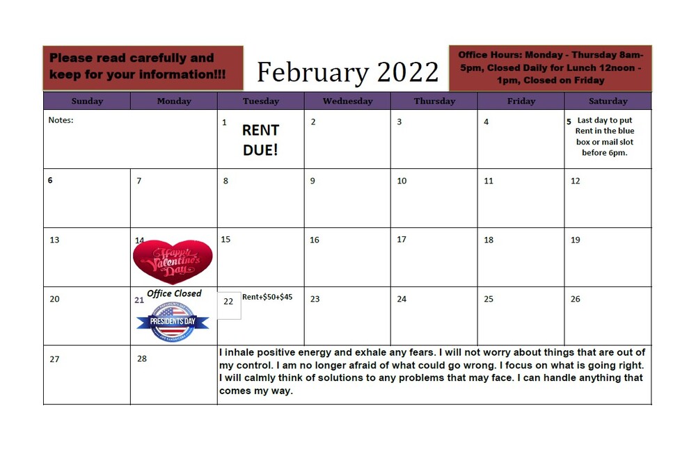 Hartsville February Calendar