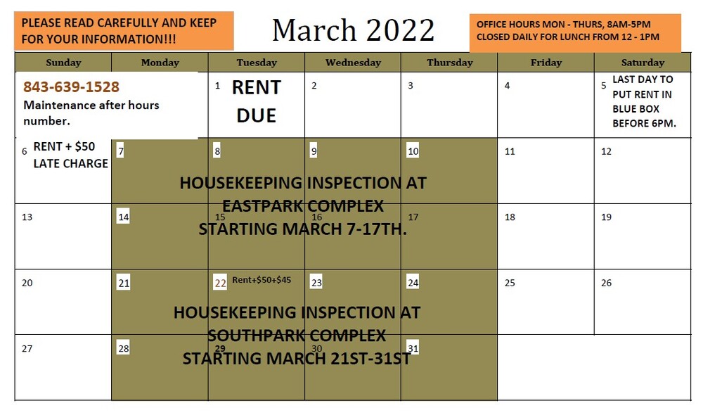 March 2022 Resident Calendar - all content as listed above