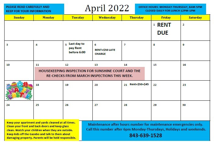 April 2022 Resident Calendar - all content as listed above