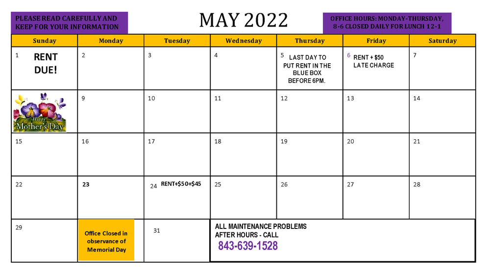 May 2022 Resident calendar, all information as listed above