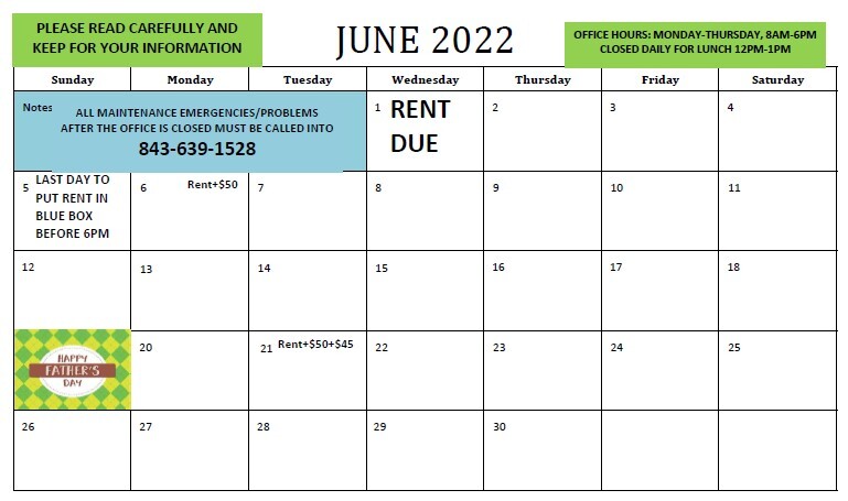 June 2022 Calendar - all content as listed above