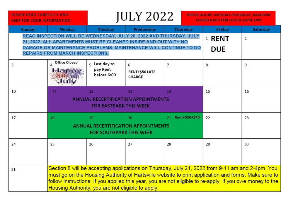 July Resident Calendar 2022 - all content as listed below