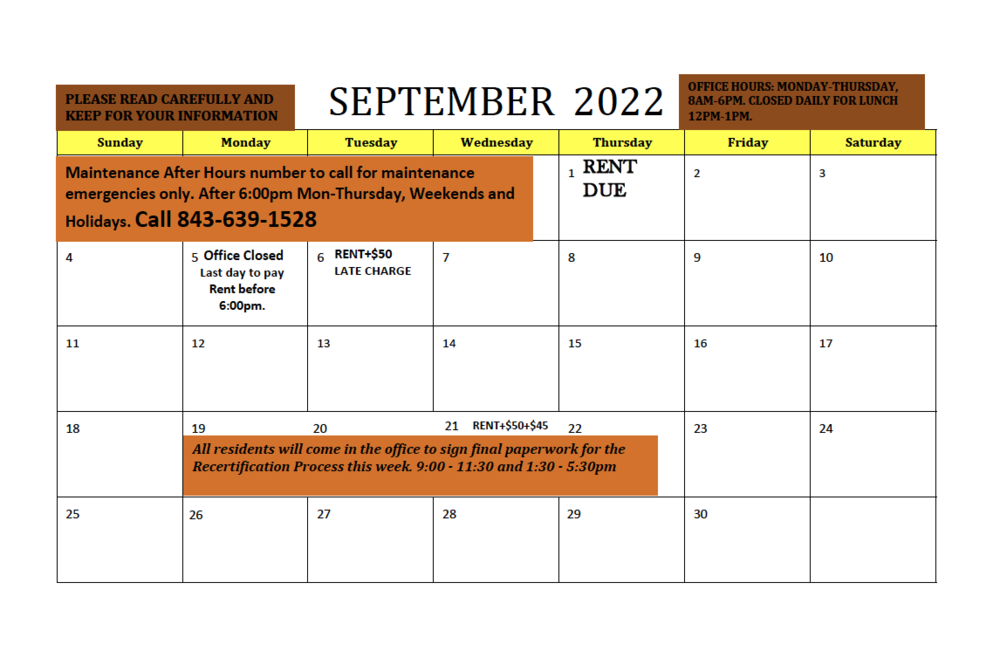 September 2022 Resident Calendar, all information listed above.