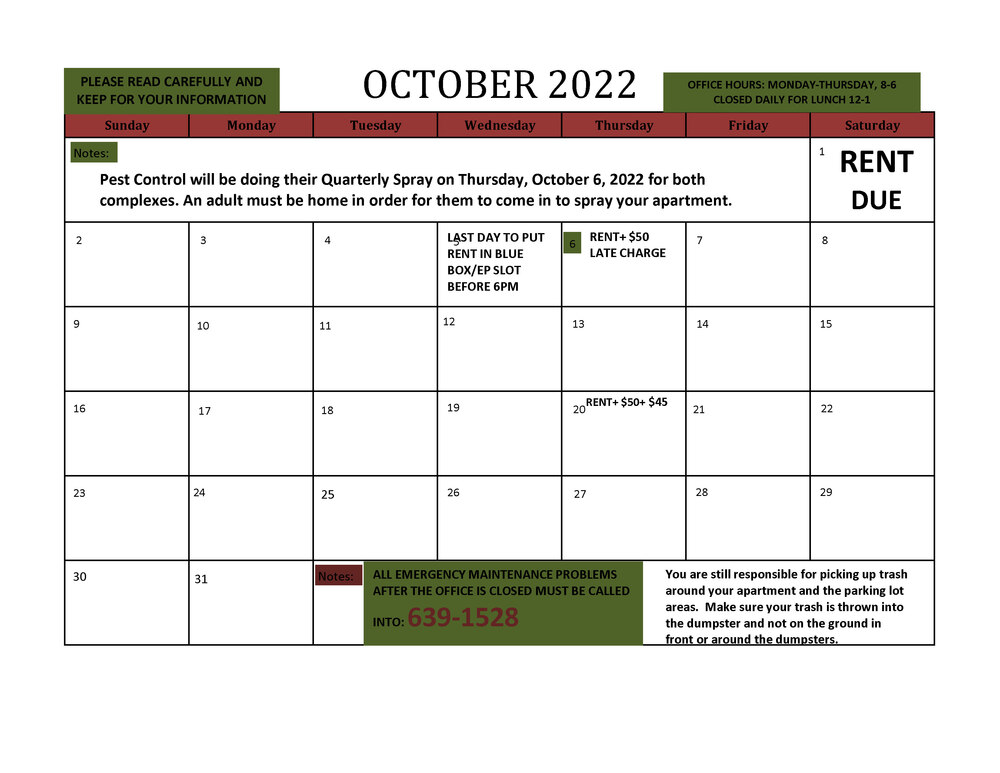 2022 RESIDENT CALENDAR. All information as listed above