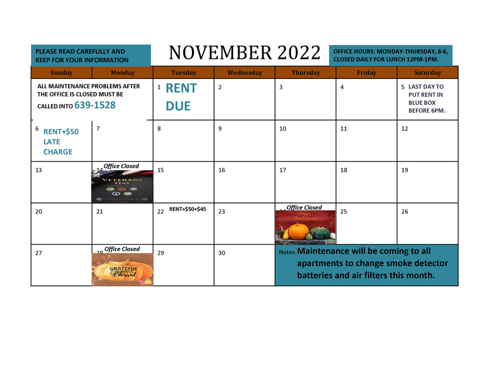 November Resident Calendar; all information as listed above.