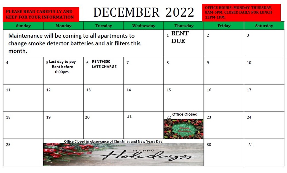 Hartsville HA December 2022 Resident Calendar. All information from this calendar is listed above.