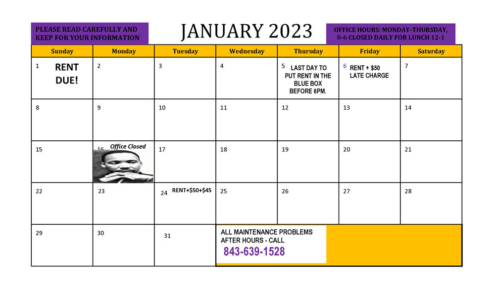 January 2023 Resident Calendar with all information as listed above. 