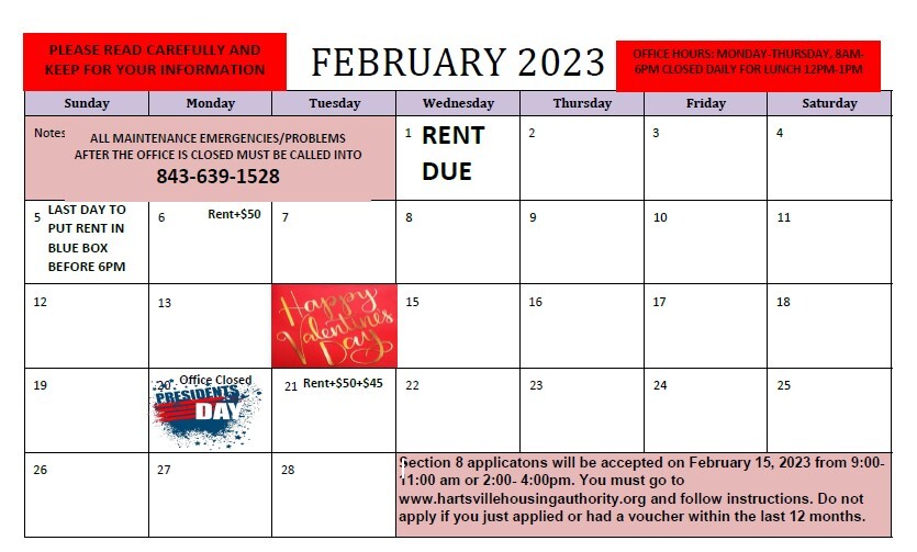 The February 2023 Resident Calendar. All information from this calendar is listed above.