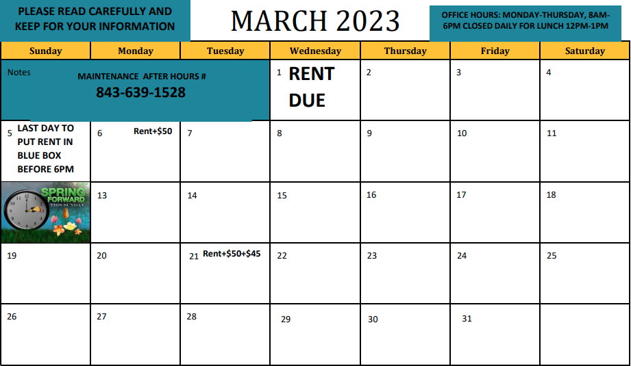 The March 2023 Resident Calendar. All information from this calendar is listed above.
