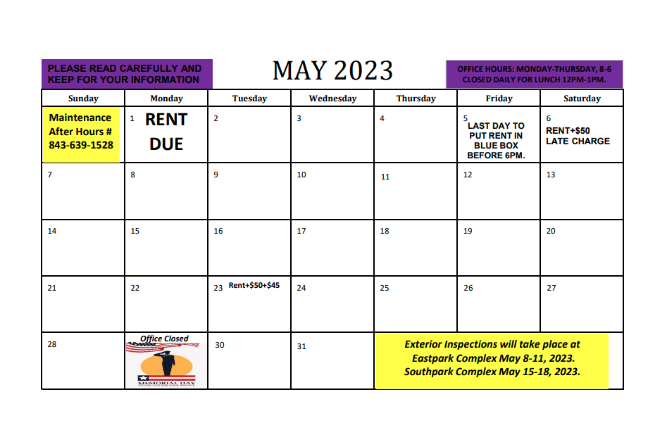 May 23 Calendar. All information listed above.