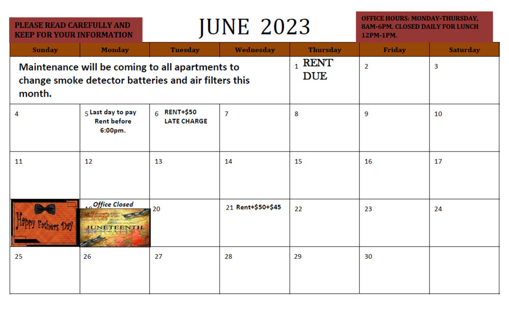 June 2023 Resident Calendar. All information from this flyer is listed above.