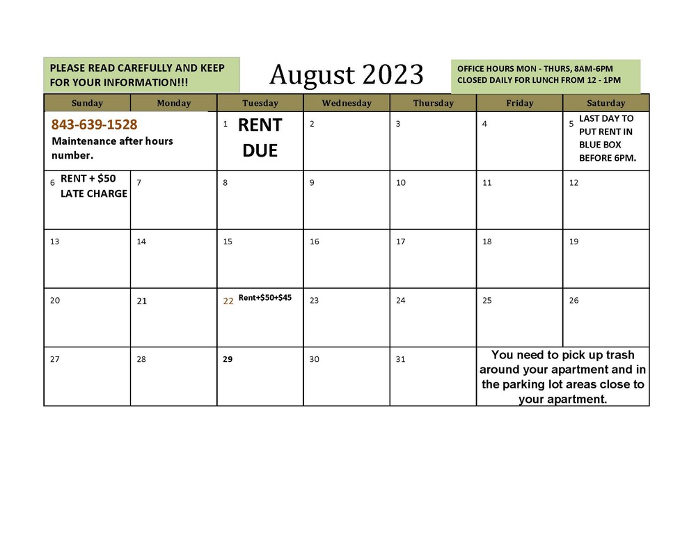 August 2023 Resident Calendar. All information from this calendar is listed above.