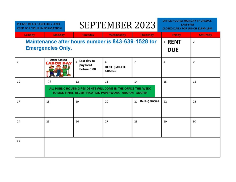 September 2023 Resident Calendar. All information from this calendar is listed above.