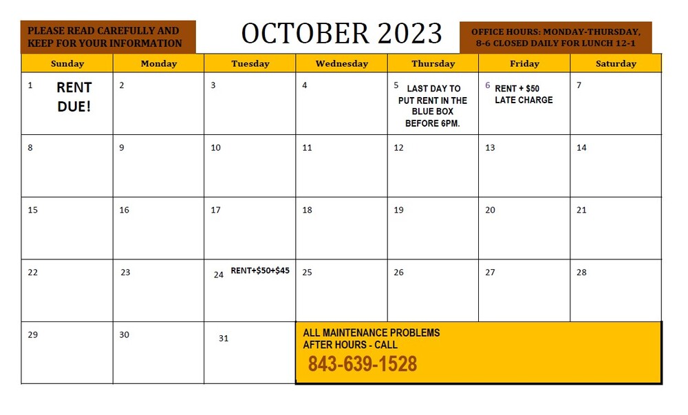 October Resident Calendar. The information on this calendar is in the above text. 