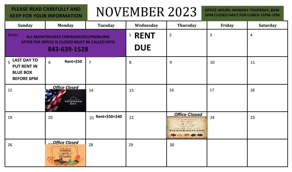 HAHASC November 2023 Monthly Calendar. All information on Calendar is listed above.
