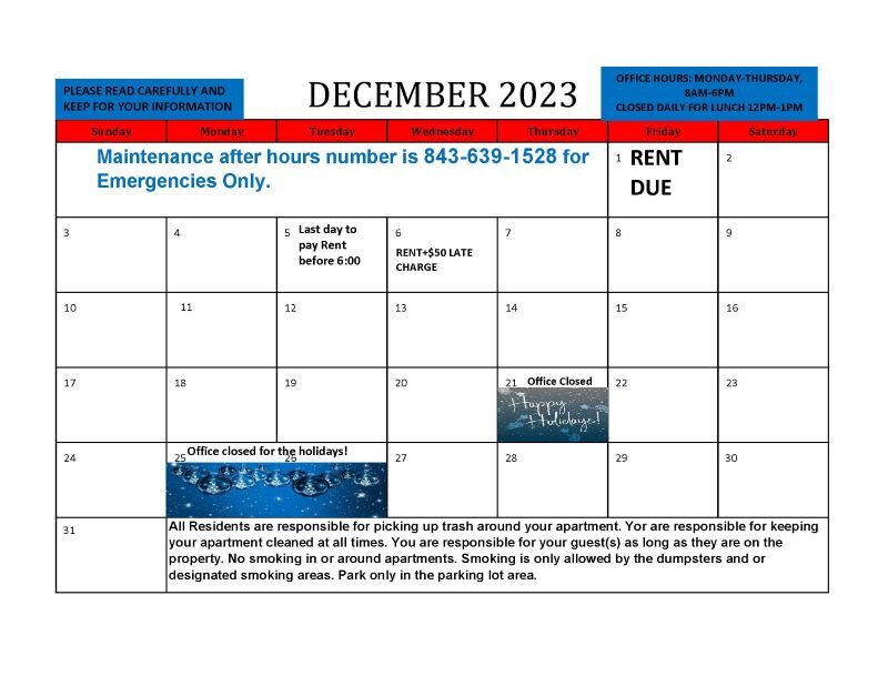 December resident calendar. Information on the calendar is in the text above. 