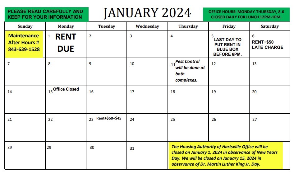 January 2024 Monthly Calendar. All information on Calendar is listed above.