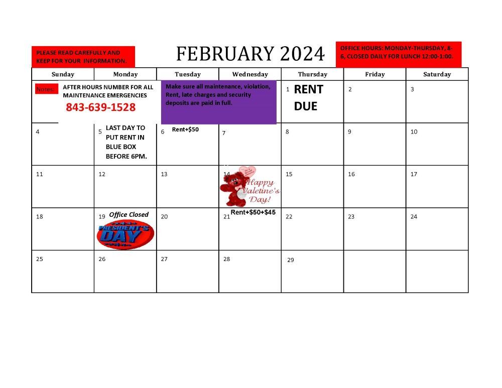 February 2024 Monthly Calendar. All information on Calendar is listed above.
