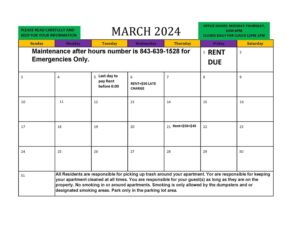 March 2024 Monthly Calendar. All information on Calendar is listed above.