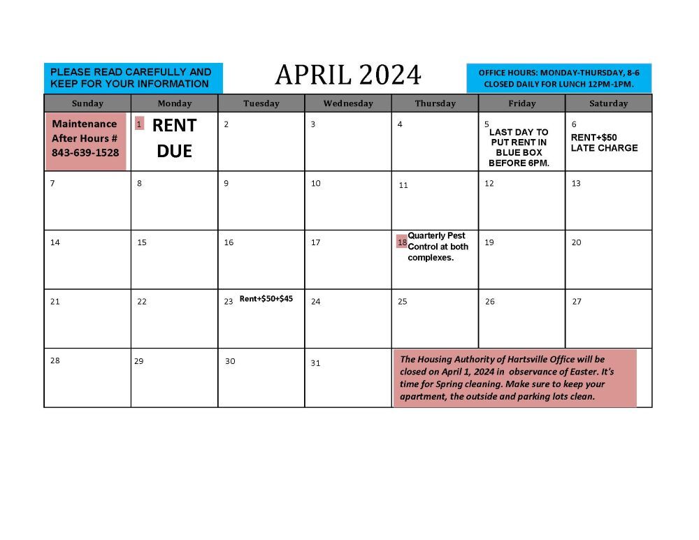 April 2024 Monthly Calendar. All information on Calendar is listed above.
