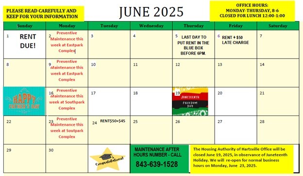 HAHASC June 2025 Monthly Calendar. All information on this calendar is listed above.