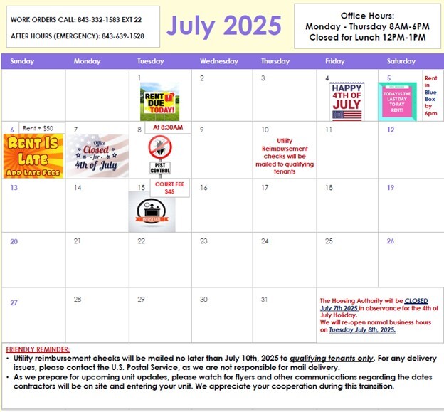 HAHASC July 2025 Monthly Calendar. All information on this calendar is listed above.