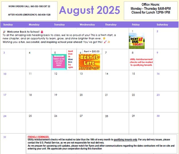 HAHASC August 2025 Monthly Calendar. All information on this calendar is listed above.