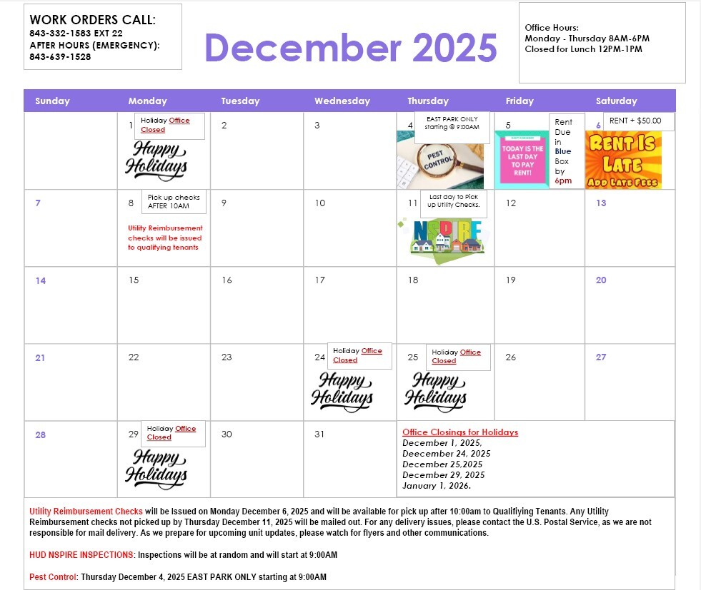 December Calendar. All information from this calendar is listed above.