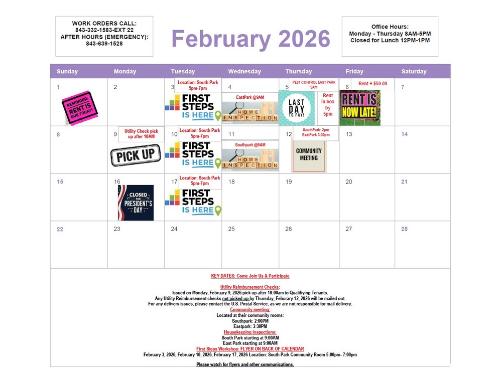 February 2026 calendar. All information as listed above.