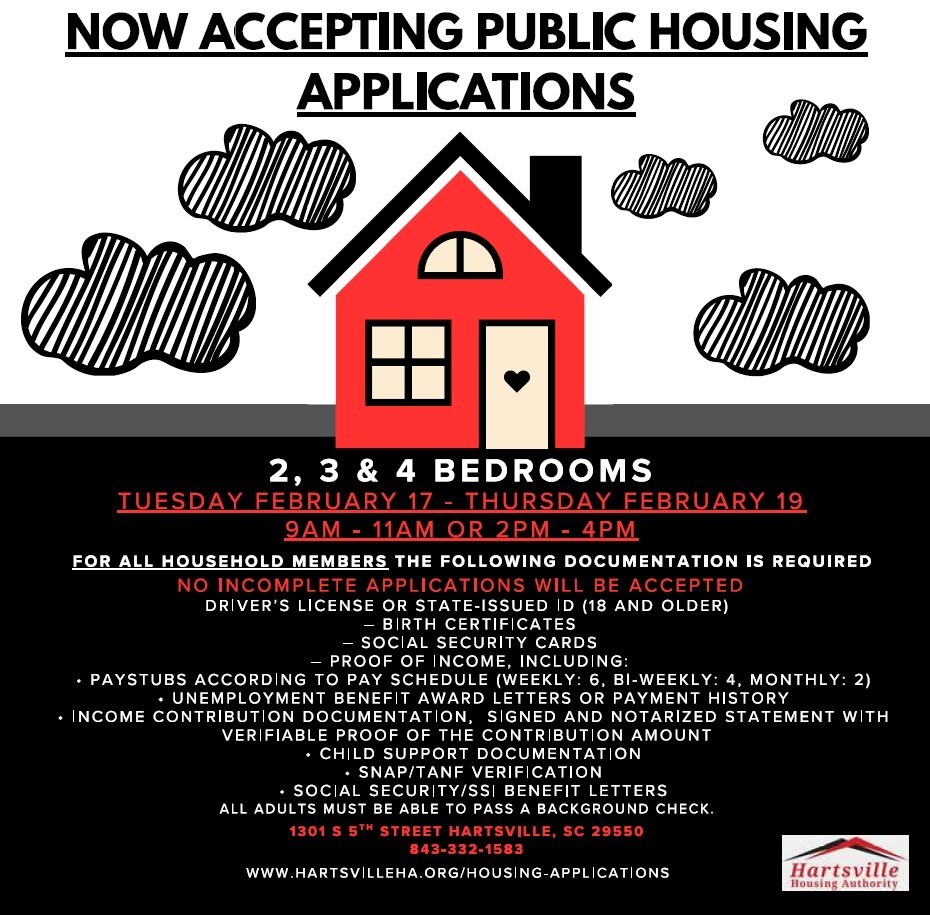 Public Housing Application flyer. All information as listed below.