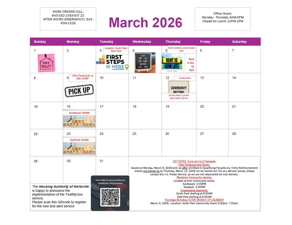 March 2026 calendar. All information as listed below.