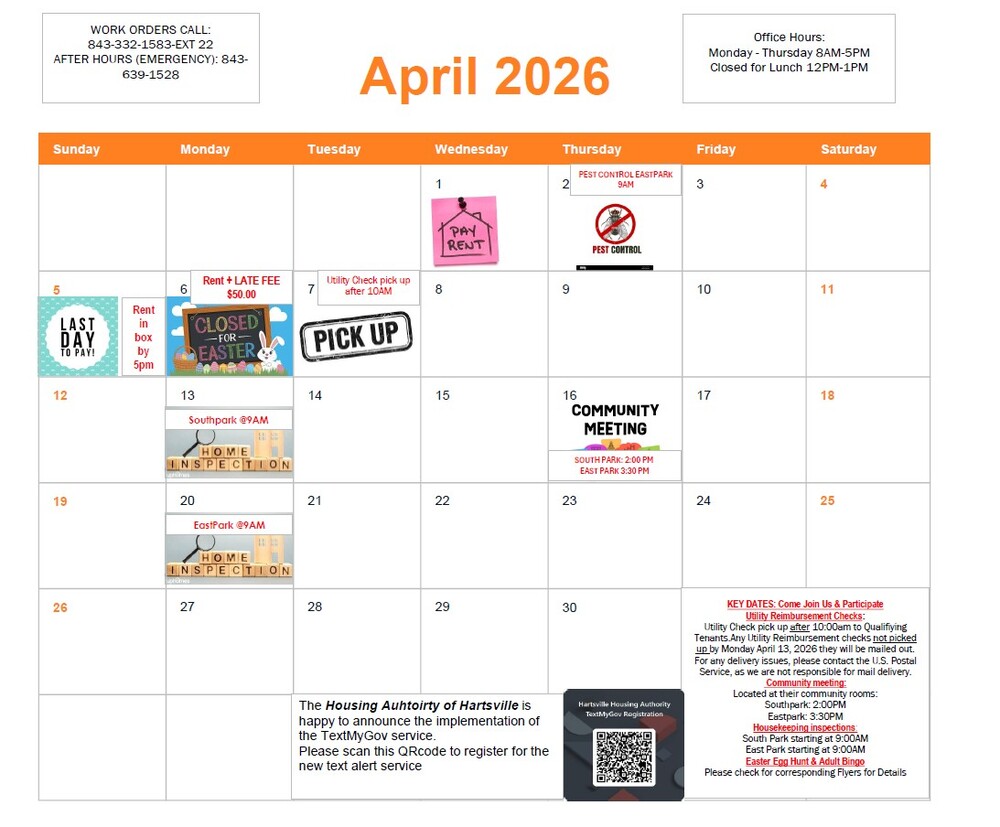 April 2026 Calendar. All information as listed below.