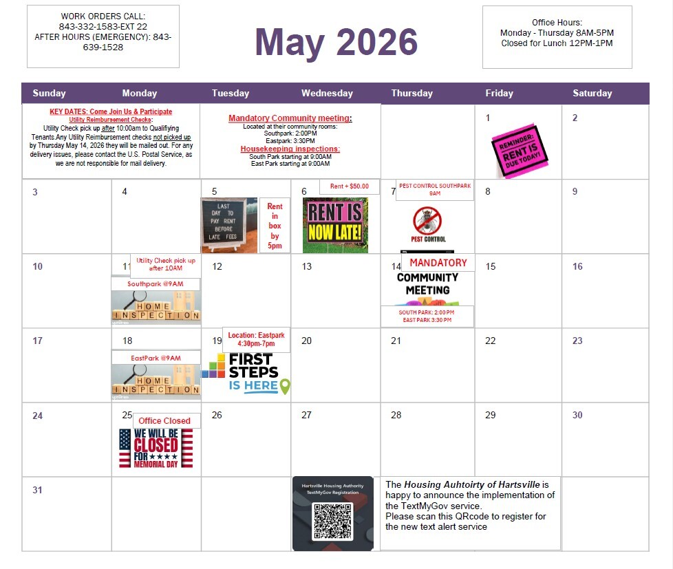 May 2026 calendar. All information as listed below.