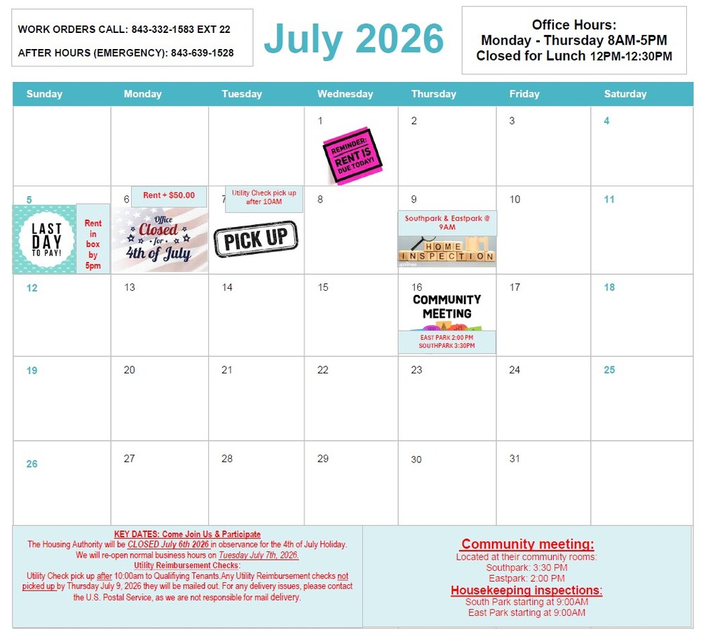 July 2026 Calendar. All information as listed below.