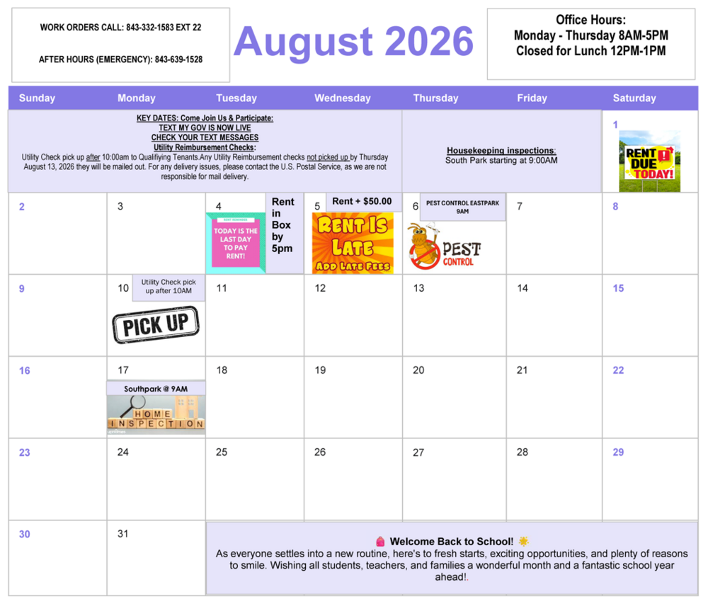 Calendar for August 2026. All information as listed below.